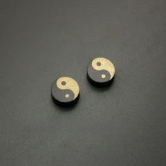 Ebony Wood Yin Yang Stud Earrings - Gold and black yin yang design on matte dark circular studs, spiritual earrings