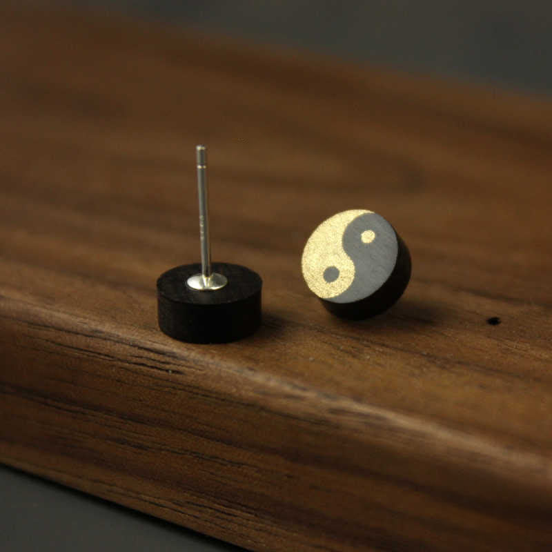 Ebony Wood Yin Yang Stud Earrings - Gold and silver yin yang inlay on dark wood studs, wooden earrings