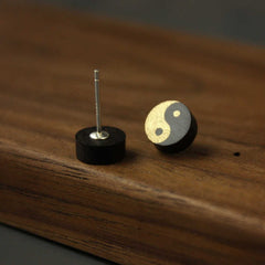 Ebony Wood Yin Yang Stud Earrings - Gold and silver yin yang inlay on dark wood studs, wooden earrings