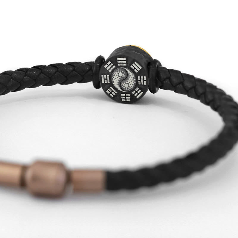 Yin Yang Bagua Leather Bracelet - White background shot showing bagua trigrams and yin yang bead, Taoist jewelry