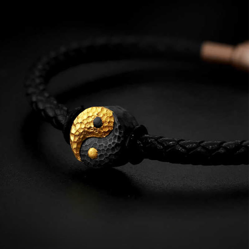 Pulsera de cuero Yin Yang Bagua de plata esterlina 925 y oro 999 Imagen secundaria del producto