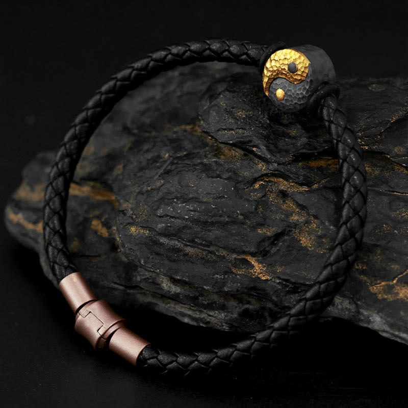 Yin Yang Bagua Leather Bracelet - Black leather bracelet with yin yang bead on natural dark stone, spiritual jewelry
