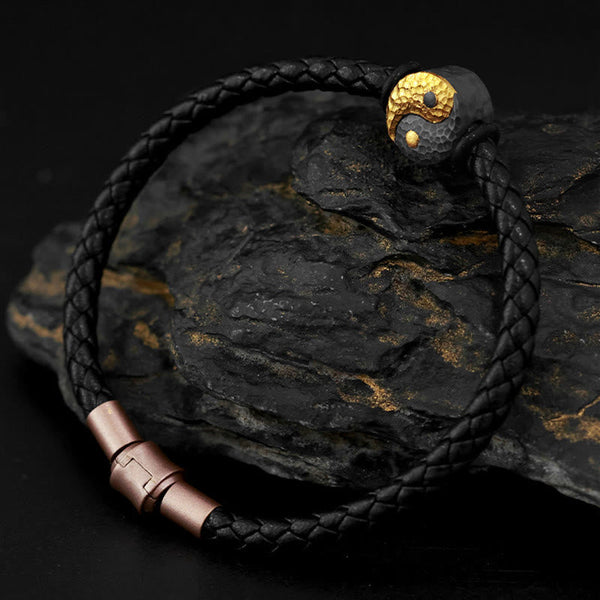 Yin Yang Bagua Leather Bracelet - Black leather bracelet with yin yang bead on natural dark stone, spiritual jewelry