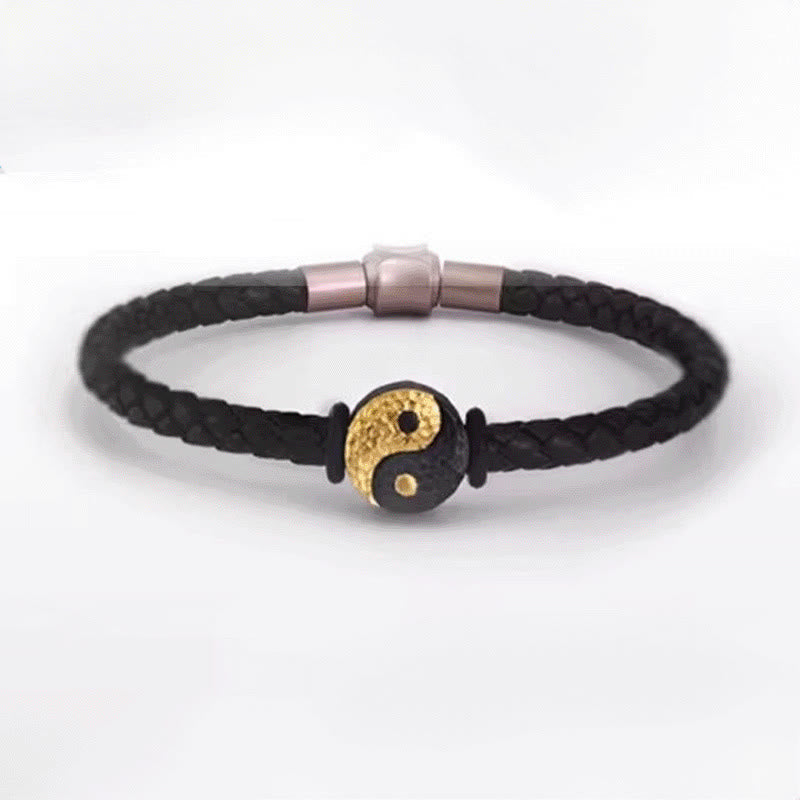 Yin Yang Bagua Leather Bracelet - Full bracelet on white background with rose gold clasp, healing bracelet