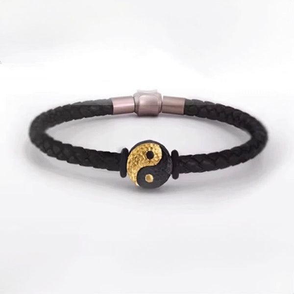 Yin Yang Bagua Leather Bracelet - Full bracelet on white background with rose gold clasp, healing bracelet