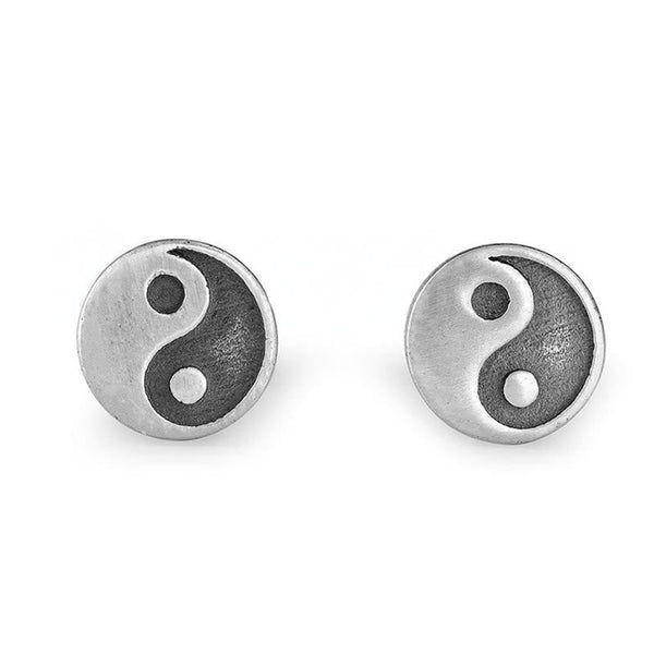 Yin Yang Stud Earrings - Clean white background front view, silver yin yang disc studs, minimalist earrings