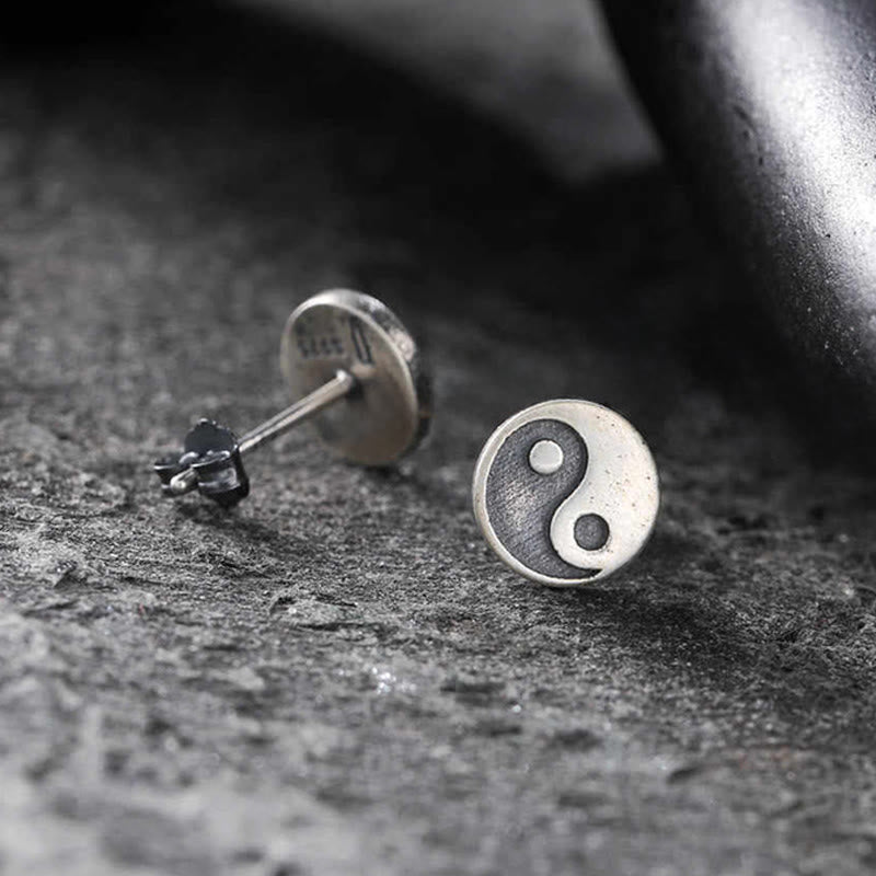 Yin Yang Stud Earrings - Front and back view, 925 sterling silver hallmark visible, balance earrings
