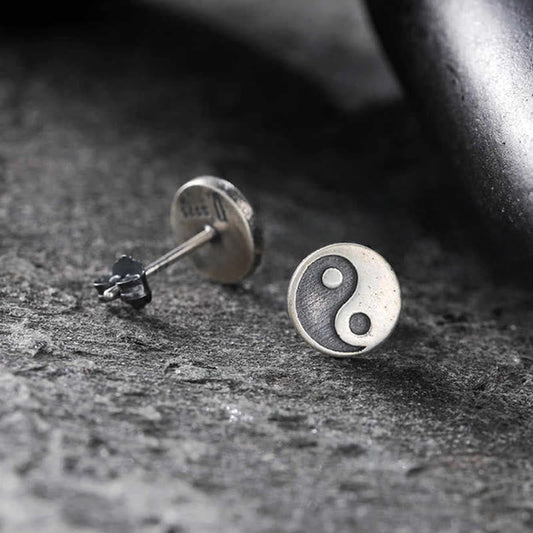 Yin Yang Stud Earrings - Front and back view, 925 sterling silver hallmark visible, balance earrings