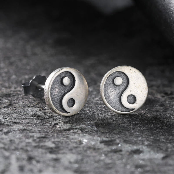 Yin Yang Stud Earrings - Pair on dark stone, oxidized silver yin yang symbol, sterling silver earrings
