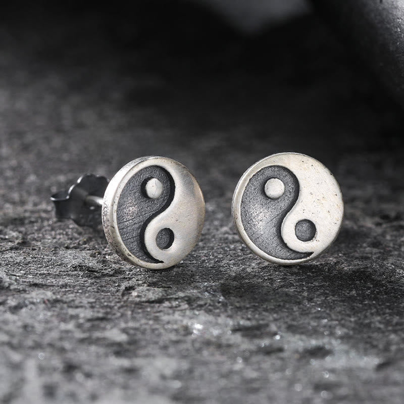 Yin Yang Stud Earrings - Pair on dark stone, oxidized silver yin yang symbol, sterling silver earrings