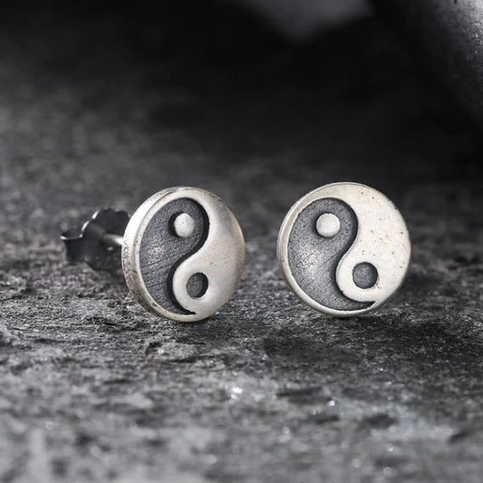Yin Yang Stud Earrings - Pair on dark stone, oxidized silver yin yang symbol, sterling silver earrings