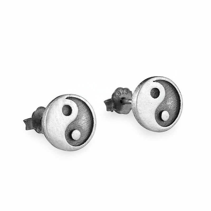 Yin Yang Stud Earrings - White background angled view, 925 stamp and post detail, silver balance earrings
