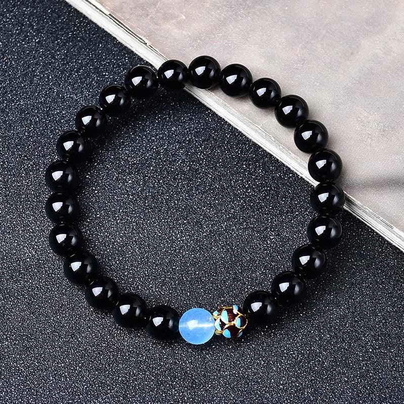 Black Obsidian Lotus Purification Bracelet - polished black beads with moonstone accent, crystal bracelet