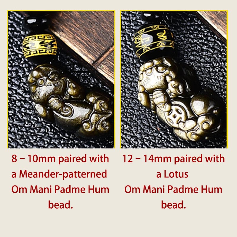 Gold Sheen Obsidian PiXiu Bracelet – Size comparison card, 8-10mm meander bead vs 12-14mm lotus bead options