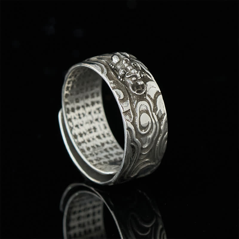 PiXiu Heart Sutra Copper Ring – All silver variant side profile, black background reflection, Buddhist men ring