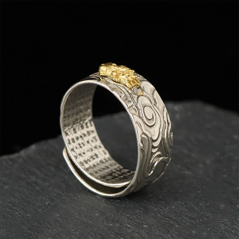 PiXiu Heart Sutra Copper Ring – Standing on dark stone, adjustable opening, cloud pattern band, good luck men ring