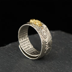 PiXiu Heart Sutra Copper Ring – Standing on dark stone, adjustable opening, cloud pattern band, good luck men ring