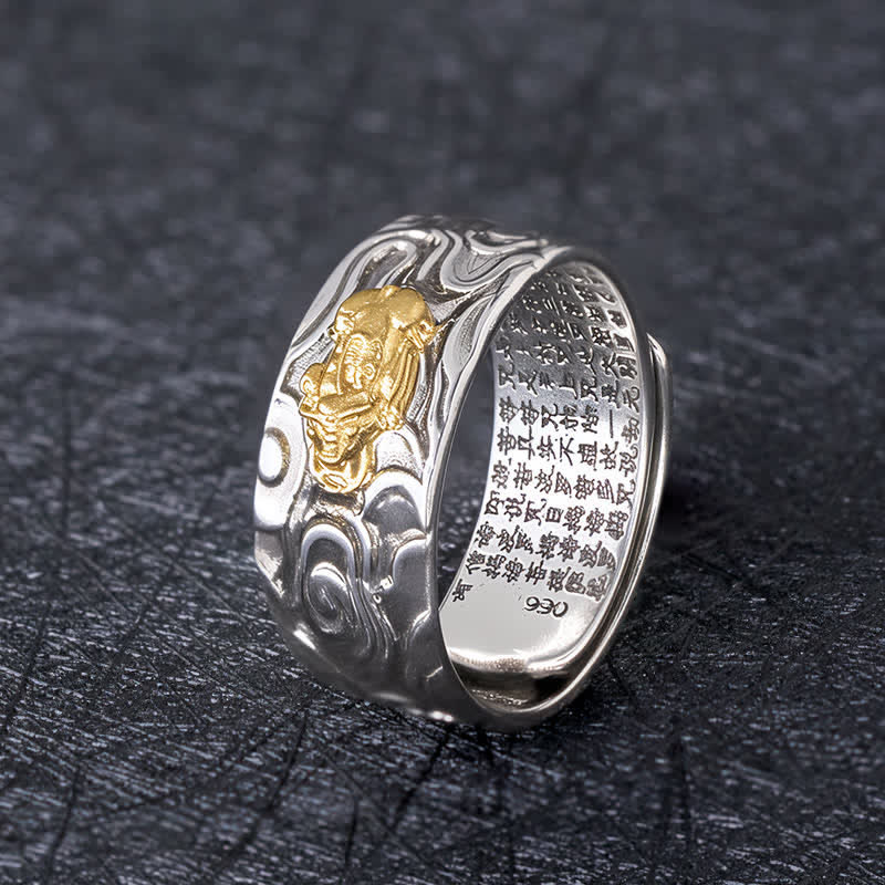 PiXiu Heart Sutra Copper Ring – Front view, gold Pi Xiu on silver band, Heart Sutra engraved inside, wealth ring for men