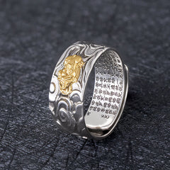 PiXiu Heart Sutra Copper Ring – Front view, gold Pi Xiu on silver band, Heart Sutra engraved inside, wealth ring for men