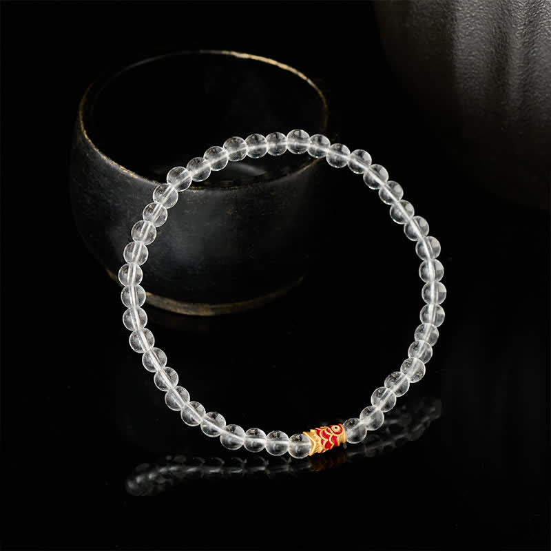 Clear Quartz Koi Fish Bracelet - clear crystal beads with red gold koi accent bead on black