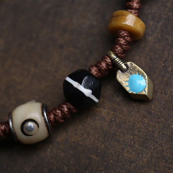 Yin Yang Bone Bracelet - turquoise charm and dzi bead on woven cotton cord, handmade gift
