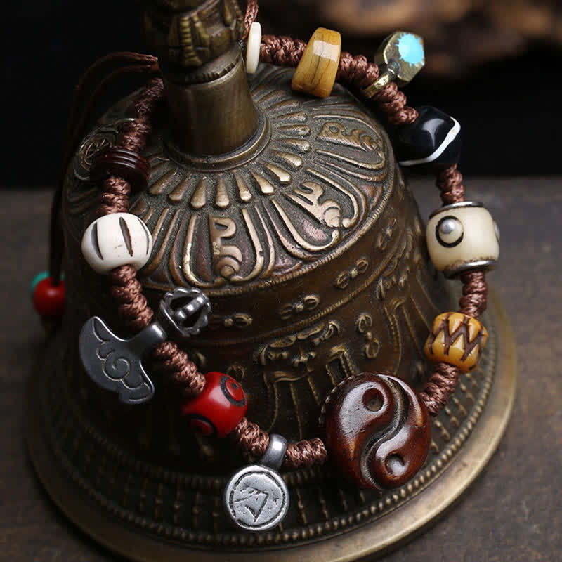 Yin Yang Bone Bracelet - wrapped on bronze bell, carved bone yin yang bead, boho jewelry