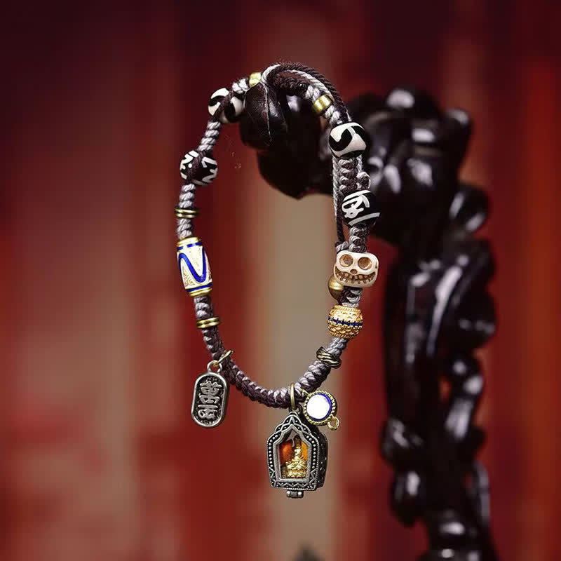 Copper Buddha Braided Rope Compassion Bracelet – wrist shot showing adjustable rope knot, meditation gift