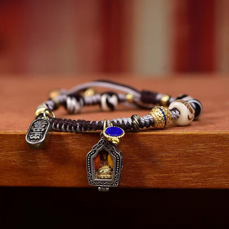 Copper Buddha Braided Rope Compassion Bracelet – macro of antique copper Buddha face, mindfulness bracelet