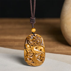 Tiger Eye Carved Dragon Rope Protection Necklace – carved dragon chasing flaming pearl on burgundy braided cord, luck