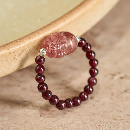 3mm PiXiu Gemstone Ring – Garnet beads with strawberry quartz PiXiu charm on ceramic, crystal healing