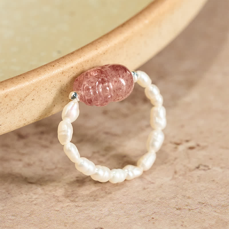 3mm PiXiu Gemstone Ring – Pearl beads with strawberry quartz PiXiu on ceramic, elegant feminine
