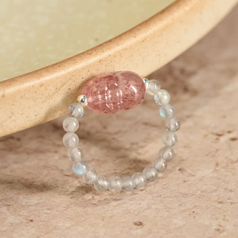 3mm PiXiu Gemstone Ring – Moonstone beads with strawberry quartz PiXiu on beige ceramic, iridescent