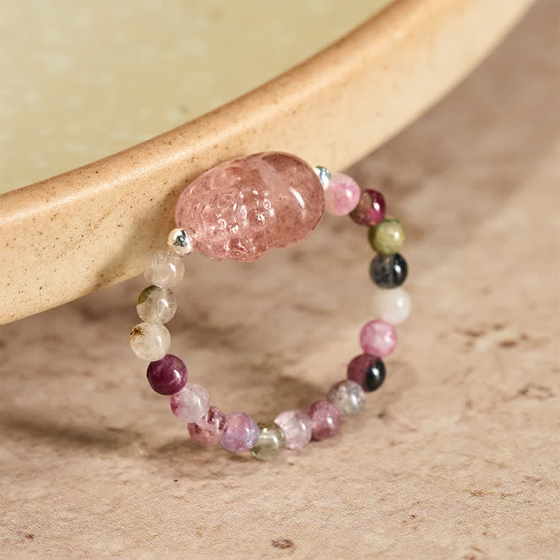 3mm PiXiu Gemstone Ring – Tourmaline beads with strawberry quartz PiXiu on ceramic, multicolor