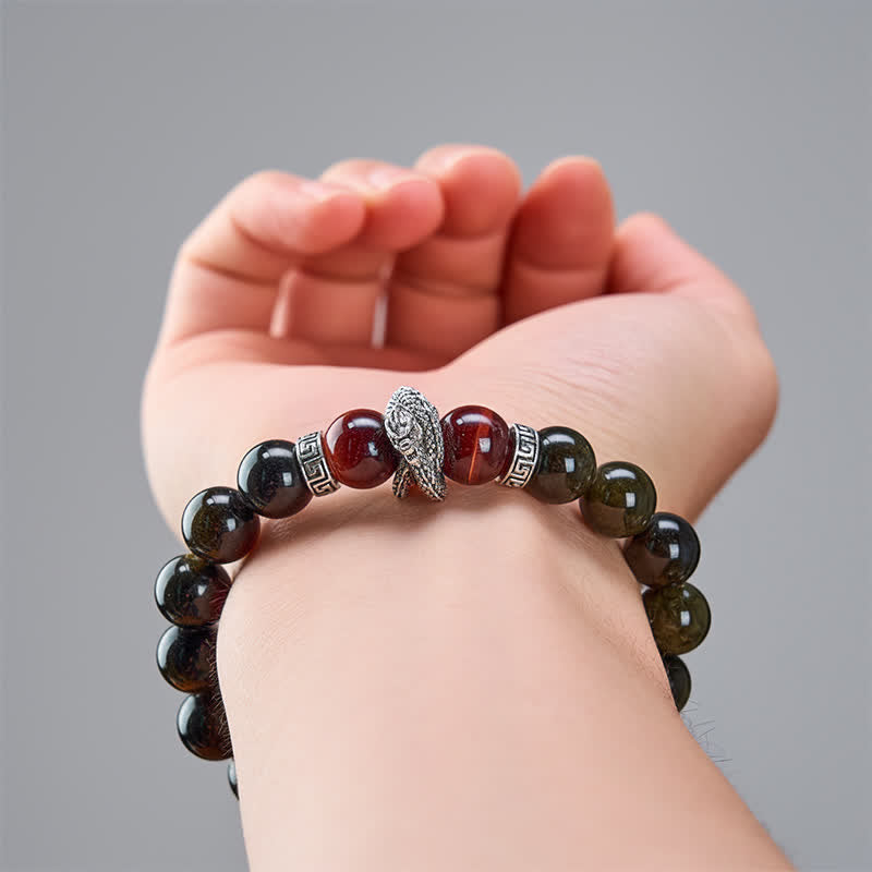 Silver Sheen Obsidian Red Tiger Eye Dragon Success Bracelet - on dark slate dragon charm with red accent beads, rugged