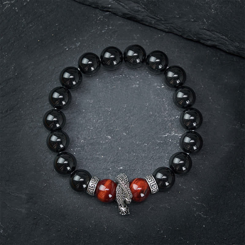 Silver Sheen Obsidian Red Tiger Eye Dragon Success Bracelet - on wrist macro side view dragon and chatoyant stones, detailed