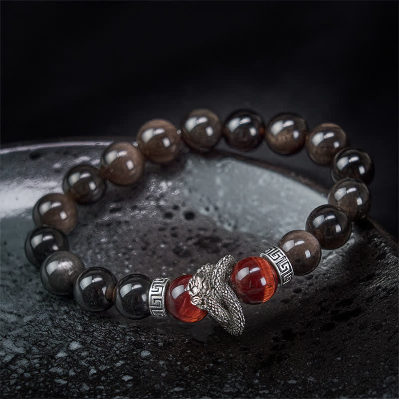 Silver Sheen Obsidian Red Tiger Eye Dragon Success Bracelet - coiled dragon with red carnelian beads, dramatic, striking