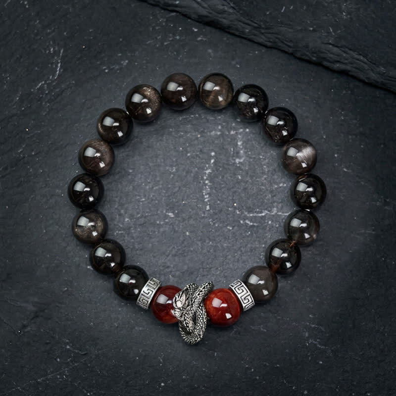 Silver Sheen Obsidian Red Tiger Eye Dragon Success Bracelet - circular layout on dark slate, dragon centerpiece, premium