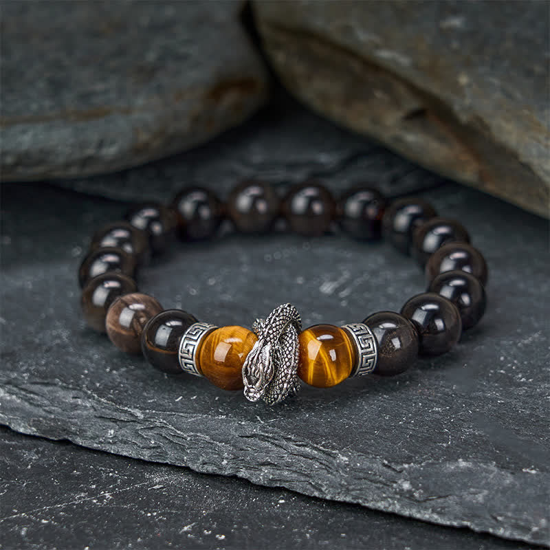 Silver Sheen Obsidian Red Tiger Eye Dragon Success Bracelet - dragon charm on dark stone with golden tiger eye beads, bold