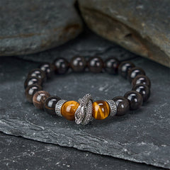 Silver Sheen Obsidian Red Tiger Eye Dragon Success Bracelet - dragon charm on dark stone with golden tiger eye beads, bold