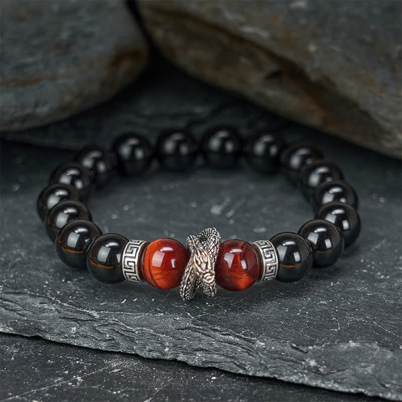 Silver Sheen Obsidian Red Tiger Eye Dragon Success Bracelet - dark dish setting dragon head with golden shimmer, refined
