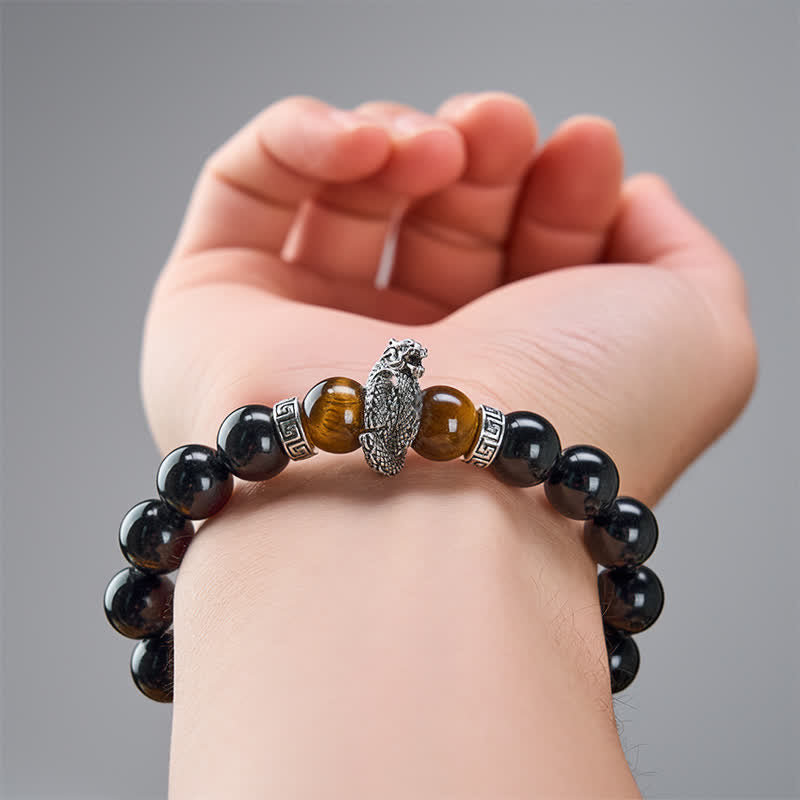 Silver Sheen Obsidian Red Tiger Eye Dragon Success Bracelet - flat lay top-down black beads with dragon detail, classic
