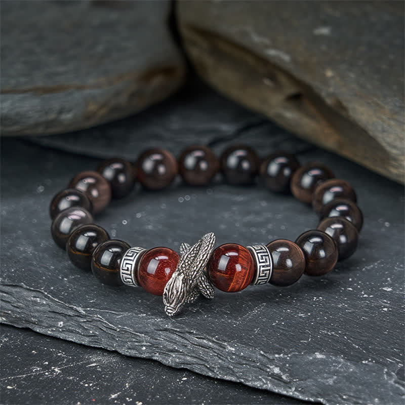 Silver Sheen Obsidian Red Tiger Eye Dragon Success Bracelet - red tiger eye accent beads with silver wing charm on stone, ...