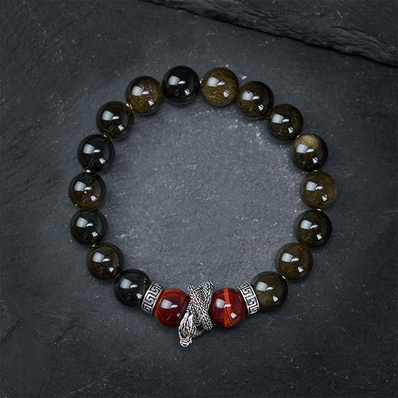 Silver Sheen Obsidian Red Tiger Eye Dragon Success Bracelet - elevated angle winged figure charm with carnelian, mystical