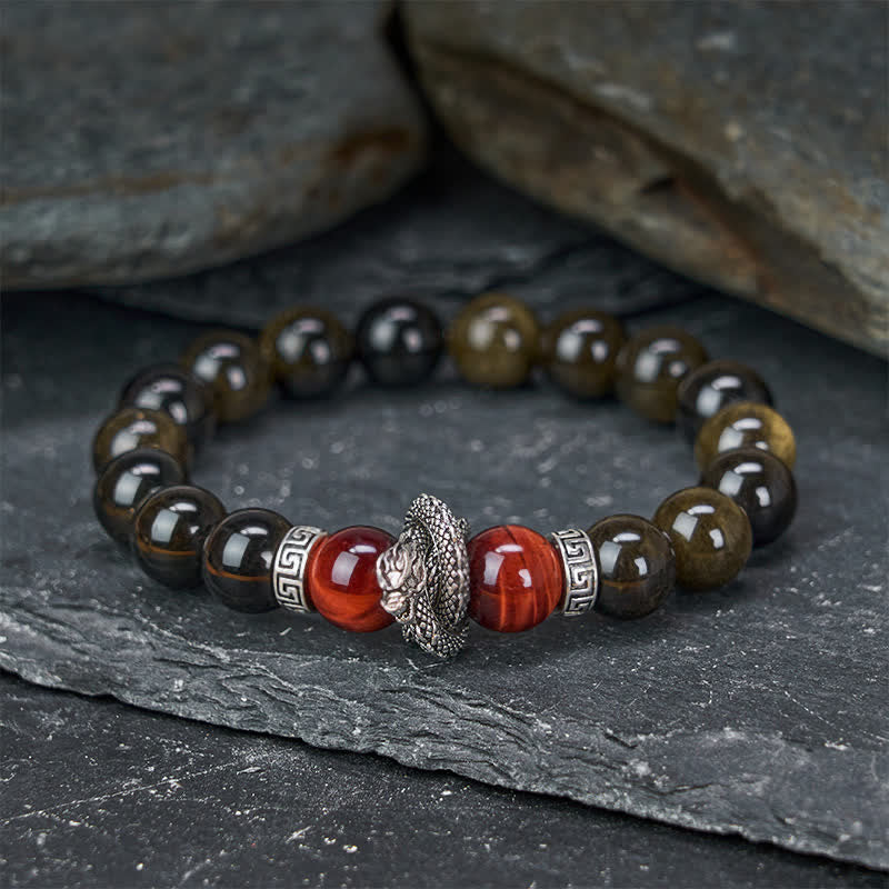 Silver Sheen Obsidian Red Tiger Eye Dragon Success Bracelet - overhead circle wing charm with red tiger eye accents, angelic