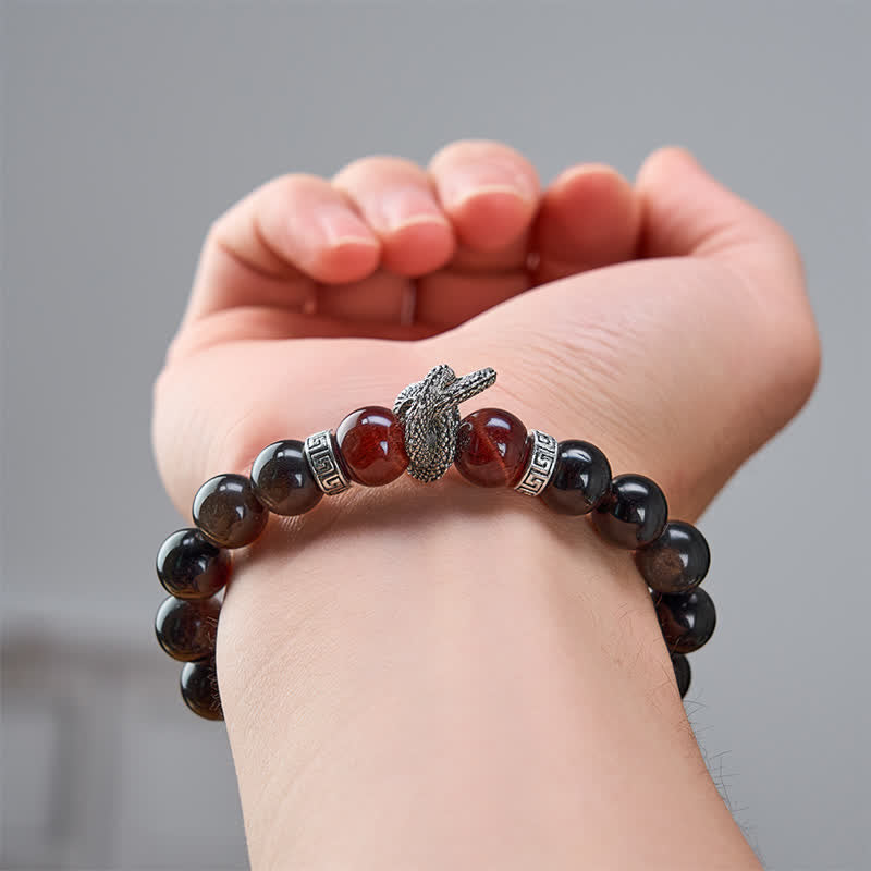 Silver Sheen Obsidian Red Tiger Eye Dragon Success Bracelet - golden obsidian red tiger eye beads with dragon, powerful
