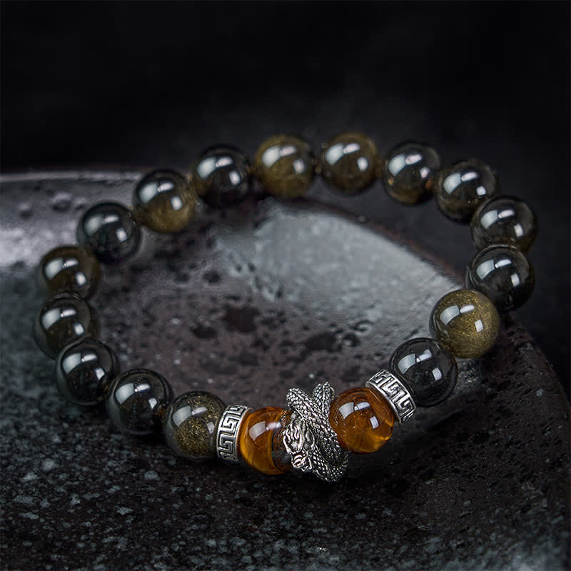 Silver Sheen Obsidian Red Tiger Eye Dragon Success Bracelet - worn on wrist alternating black and tiger eye with dragon, c...