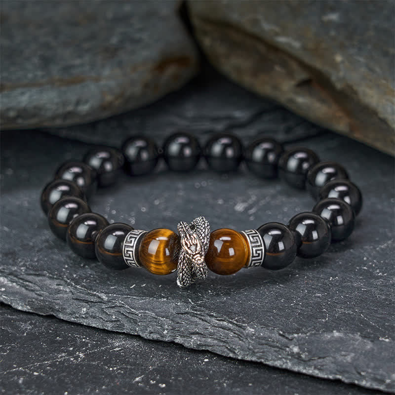 Silver Sheen Obsidian Red Tiger Eye Dragon Success Bracelet - overhead circle coiled serpent with reddish tiger eye, fierce