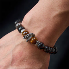 Silver Sheen Obsidian Red Tiger Eye Dragon Success Bracelet - worn on wrist showing dragon head and tiger eye stones, masc...