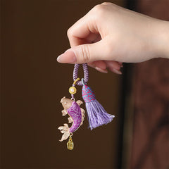 Koi Fish Prosperity Keychain - purple embroidered koi with gold trim, tassel and lucky charm