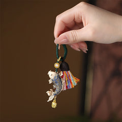 Koi Fish Prosperity Keychain - koi charm with embroidered scales, rainbow tassel, green cord